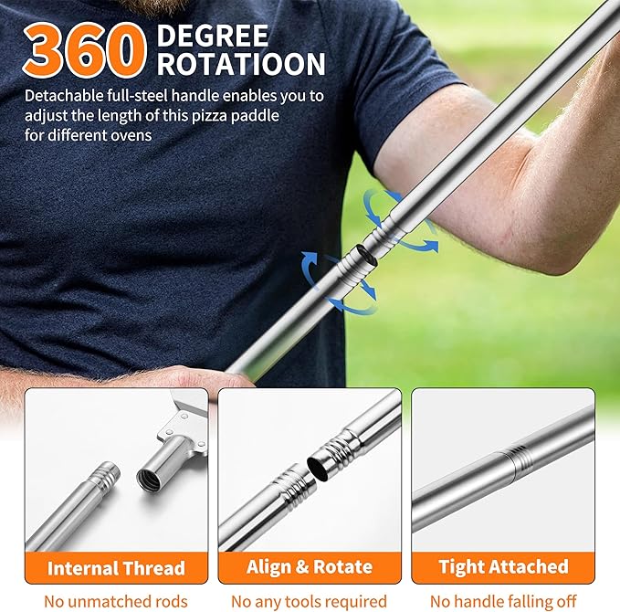 Stainless Steel Pizza Turning Peel 9-Inch, HaSteeL Round Pizza Turner Paddle, Perfortaed Pizza Spinner Spatula with Long Detachable Handle, Dishwasher & Oven Safe