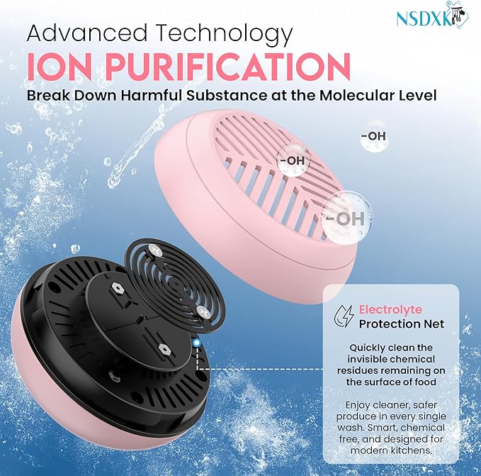 Fruit and Vegetable Washing Machine, Fruit Vegetable Cleaner Device, Portable USB Wireless Veggie Wash with Purification Technology, for Washing Fruits, Vegetables, Rice, Meat, Pink