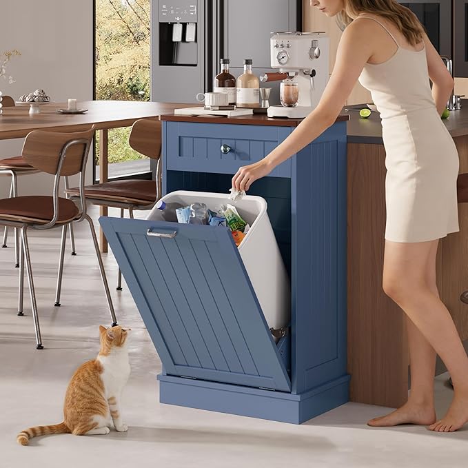 KIGOTY Tilt Out Trash Cabinet,Wooden Kitchen Trash Bin Holder Garbage Bin Recycling Cabinet Laundry Hamper with Solid Wood Countertop and Hideaway Drawer (Haze Blue)