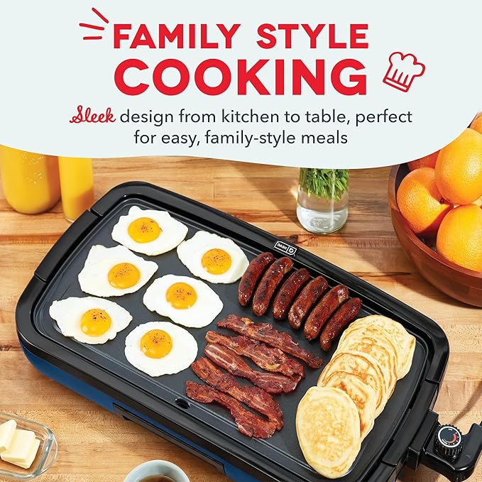 Dash Deluxe Everyday Griddle - Electric Griddle with Removable Plate - Nonstick, Easy-Clean Surface & Anti-Slip Base - Recipe Book Included - Navy