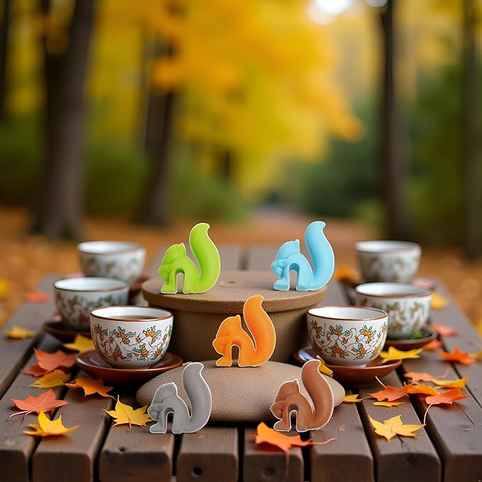 5 Pcs Colorful Cute Squirrel Shape Silicone Tea Bag Holder Cup,Squirrel Drink Markers, Tea Bag Holder for Cup Hanging Tool Mug Candy Colors Gift Set， Tea Accessories，Tea Bag Coasters