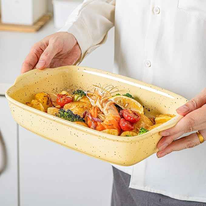 Casserole Dish Set of 3,Lasagna Pan,Ceramic Bakeware for Oven,Rectangular Baking Dishes with Handles,High Heat Resistant,Colorful Speckle Stoneware Series (13.8''/12''/9.6''Yellow)