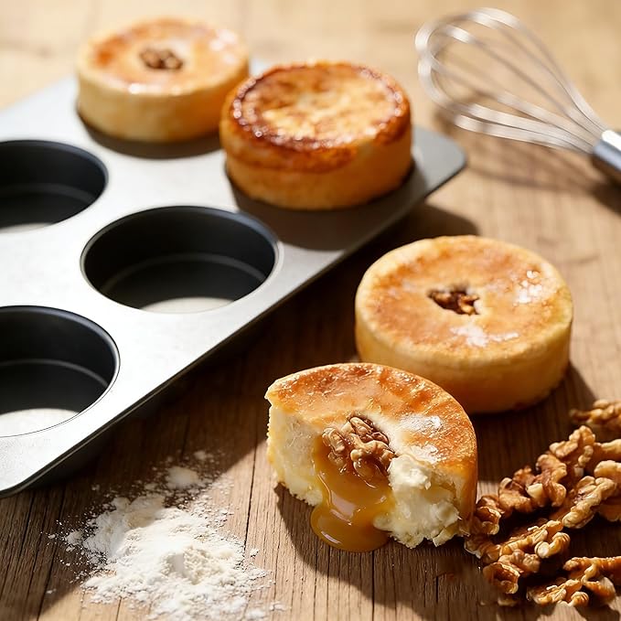 6 Cup Jumbo English Muffin Pan with Lid, Nonstick Straight Side Baking Pan, Hamburger Burger Bun Mold for Baking Egg Sandwich Frittata Cinnamon Roll Focaccia Quiche Pancake