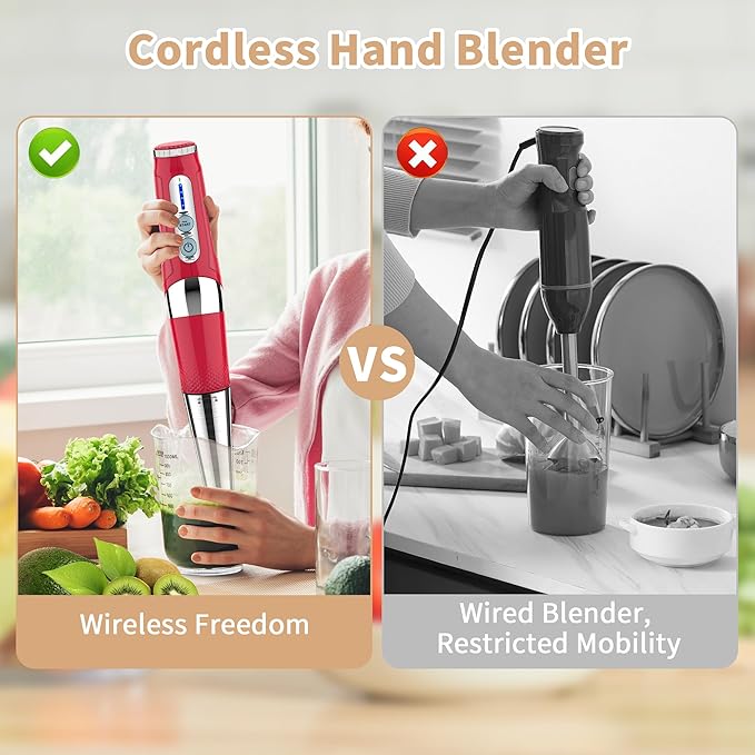 Toogel Cordless Immersion Blender, Electric Hand Blender with 21-Speed & 3-Angle Adjust, USB Rechargeable, BPA-Free & Dishwasher Safe for Baby Food, Smoothies, Soup (Red)