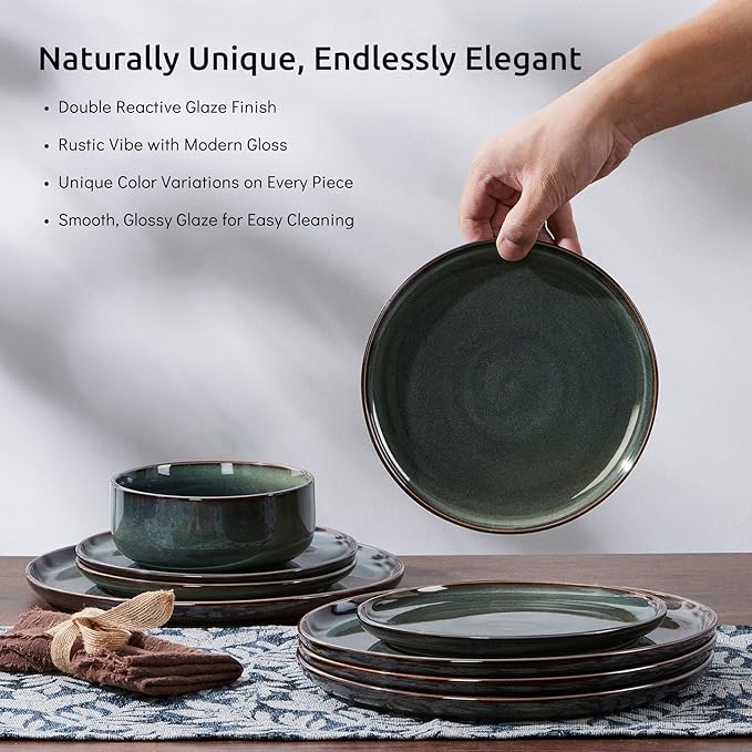 E-far Dinnerware Sets for 4, 12-Piece Stoneware Plates and Bowls Set, Ceramic Dishes Reactive Glaze Dinning Ware, Microwave & Dishwasher Safe - Obsidian Green