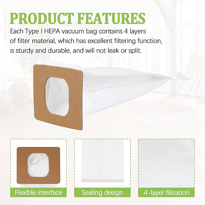 10 Pack Type I HEPA Vacuum Bags Replacement Compatible with Hoover Type I HEPA bag AH10005 UH30010COM UH30010CA, SH10000