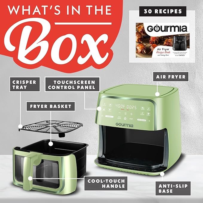 Gourmia 8 Qt Air Fryer, 8 Presets with Digital Display, FryForce 360° Technology, Easy View Window & Interior Light, Dishwasher Safe Basket, Green