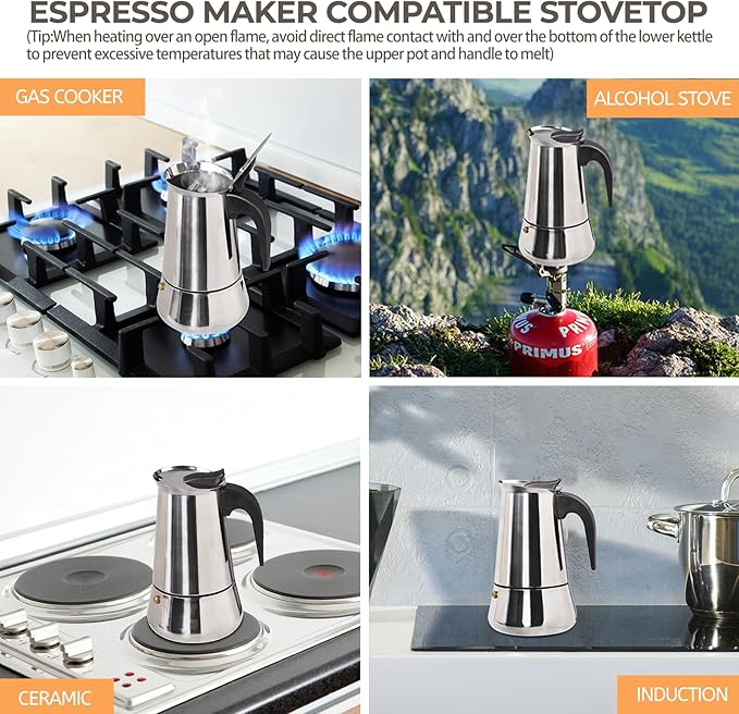 12 Cup 600ml Moka Pot Stainless Steel Espresso Coffee Maker Stovetop Coffeemaker Italian Classic Style Brewing Greca Cafe Mocha Machine for Cafeteras Lover Camping Travel and Home Use 20oz
