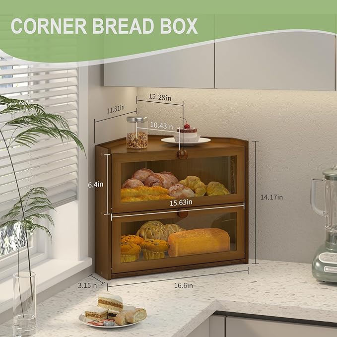 JANSNIMEN Corner Bread Box for Kitchen Countertop, Large Bread Container Storage Bamboo Wooden Farmhouse Bread Box with Window Bread Holder (Brown)