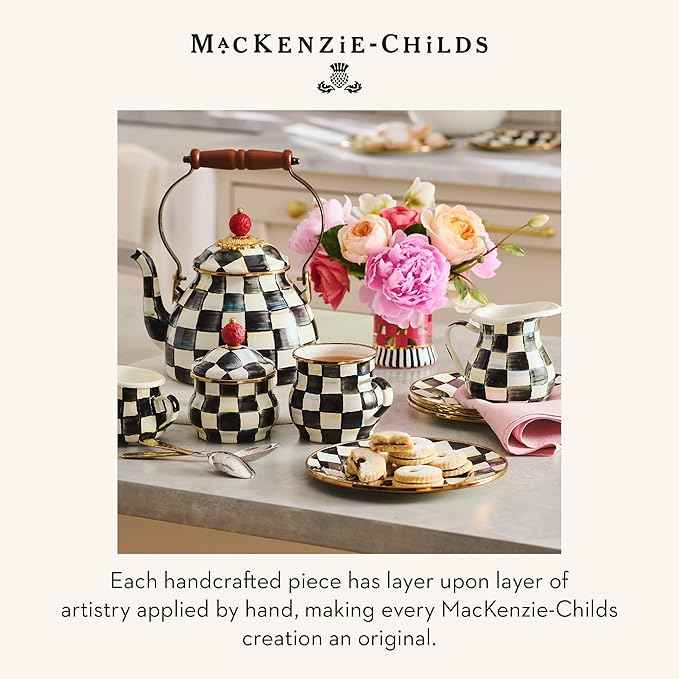 MACKENZIE-CHILDS Enamel Tea Kettle, Stylish Tea Kettle for Stovetop, Black-and-White Courtly Check, 3 Quarts