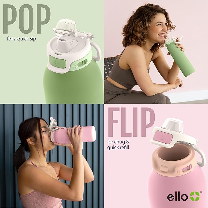 Ello Pop & Fill 22oz Stainless Steel Water Bottle with QuickFill Technology, Double Walled and Vacuum Insulated Metal, Leak Proof Locking Lid, Straw and Chug, Reusable, BPA Free, Full Bloom