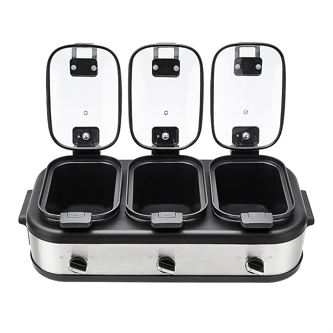 Amazon Basics Stainless Steel Triple Slow Cooker, Dishwasher Safe, Non-Stick, 3 x 2.5 Quarts, Removable Pots, Individual Temp Control, Tempered Glass Lids, for Party Entertaining