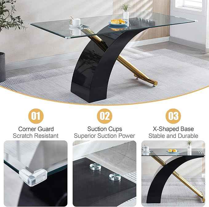 7 Piece Glass Dining Table Set for 6, 63" Modern Kitchen Table with 6 Blue Velvet Chairs, Tempered Glass Tabletop with Black X-Shaped MDF Base, Modern Dining Room Set for Kitchen and Dining Room