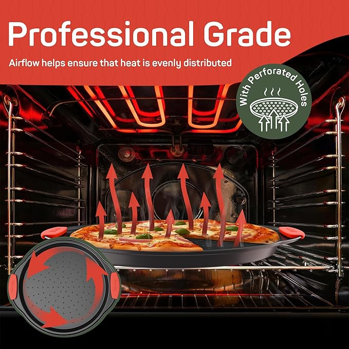 Non-Stick Pizza Pan with Silicone Handle 2 Pack, 13 Inch Round Carbon Steel Tray with Perforated Holes, Dishwasher & Oven Safe Up To 450°F, PFOAPFOSPTFE Free, Durable Nonstick Gray Coating