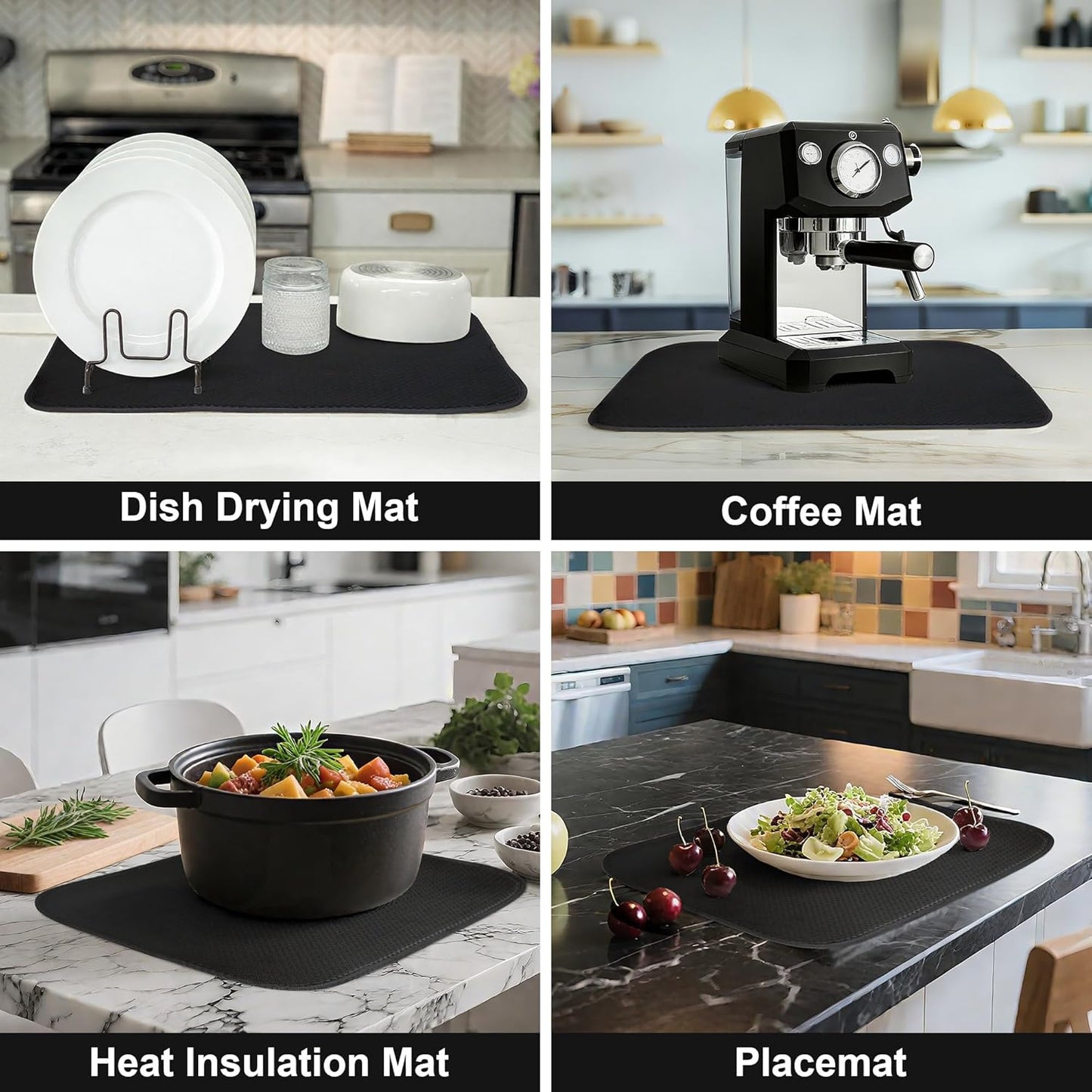 2-Pack Black Dish Drying Mats 20" x 15" – XL Dish Drying Mats for Kitchen Counter, Kitchen Dish Drying Mat, Microfiber Dish Drying Mat, Foldable Drying Mat for Dishes, Pots, Pans (Black)
