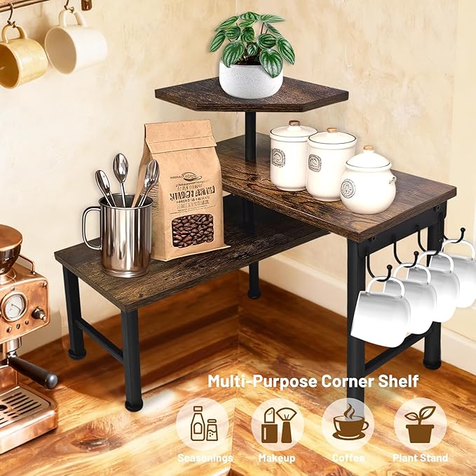 Kitchen Countertop Organizer, 3 Tier Moveable Corner Shelf Kitchen Shelf with Hook, Countertop Organizer for Bathroom, Spice Rack, Bookshelf, Coffee Area, Dresser Table (Brown)