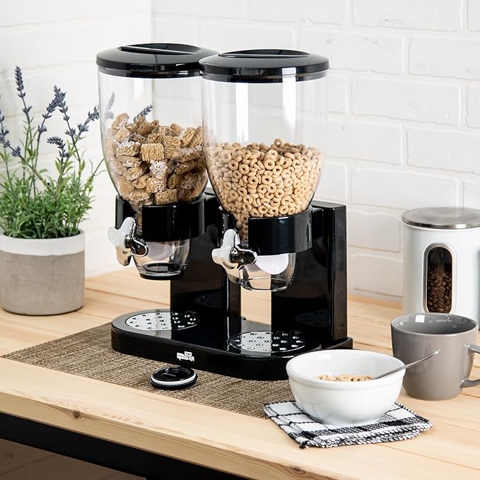 Honey-Can-Do Zevro Essential Dual-Control Dry Food Dispenser – Effortless & Organized Storage for Cereal, Dog Food, or Snack Dispenser for All Kinds of Treats, 17.5 oz Each Capacity, Black/Chrome