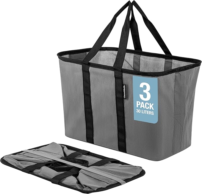 CleverMade EcoBasket Reusable Grocery Tote - 30L - Pack of 3 - Gray Black - Collapsible Storage Shopping Organizer - Heavy Duty Utility Bag Home
