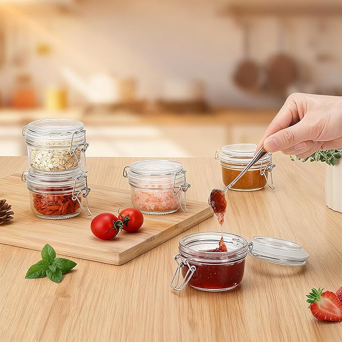 4oz Mini Airtight Glass Jars with Clamp Lid – Small Glass Food Storage Containers for Jam, Honey, Sauces, Yogurt & Dessert Portions, Clear Kitchen Mini Jars