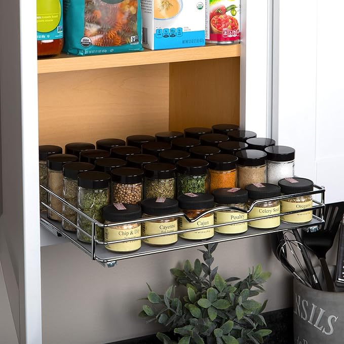 Pull-Out Cabinet Spice Rack Organizer - Slim Slide-Out Storage for Spices, Bottles & Jars, Premium Heavy-Duty Steel, Easy Install for Narrow Kitchen Cabinets - 14 ⅜ W x 10 ⅜ D x 2 ¾ H, Chrome