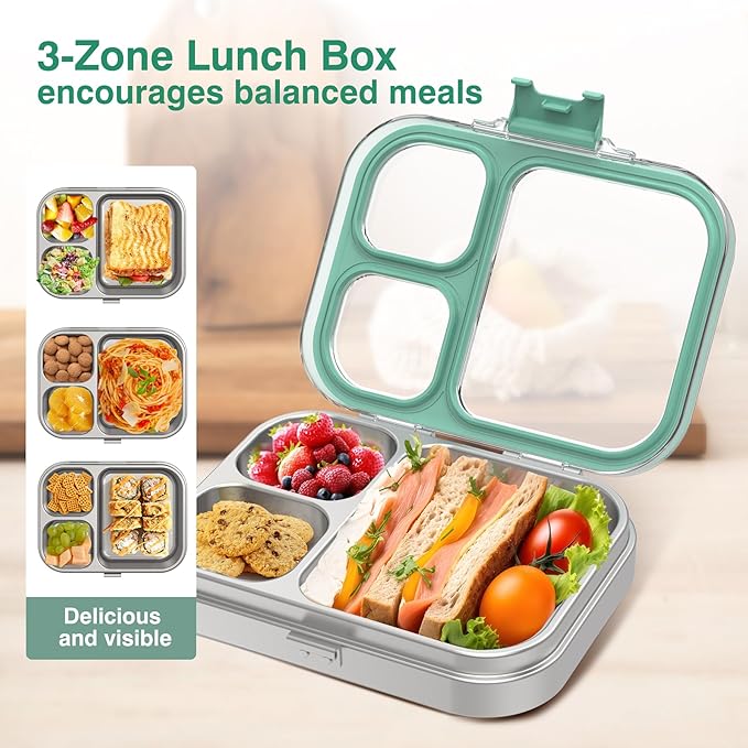 HOMEKOL Stainless Steel Bento Lunch Box, 3-Compartment Leak-Proof Lunch Container for Kids & Adults, BPA/BPS-Free 304 Metal Food Box, Dishwasher Safe, Clear Tritan Lid, Green (Not Insulated)