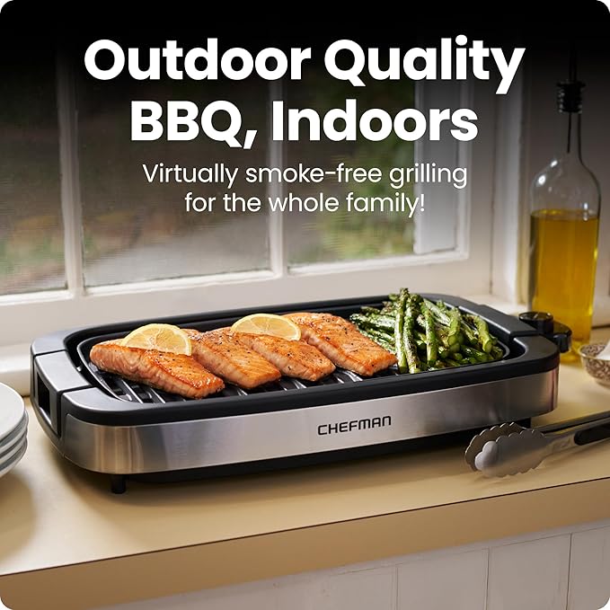 Chefman Smokeless Indoor Electric Grill, Extra Large Grilling Surface, Nonstick Table Top Grill for Indoor Grilling and BBQ with Adjustable Temperature Control, Drip Tray, Dishwasher-Safe Parts