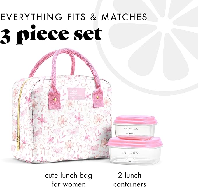 Fit & Fresh Bloomington Lunch Bag for Women - Insulated Large Lunch Box for Work with Containers, Leak-Resistant, Stain-Resistant, Zipper Closure, Sweet Floral Bows