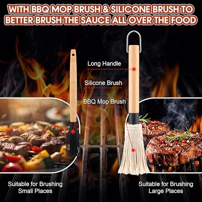 7 Pcs BBQ Mop Brush and Cast Iron Sauce Pot Set Include 15&24oz Cast Iron Basting Pot 2 Size Wooden Handle Sauce Mops with 2pcs Replacements and Oil Brush for Meat Smoker Melting Camping