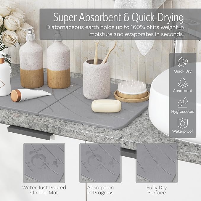 Large Stone Drying Mat with Bamboo Rack | 23.6” x 15.4” Diatomaceous Earth Collapsible Stone Dish Drying Mat | Quick Water Absorbing Foldable Dish Drying Stone for Kitchen Counter Racks (Light Gray)