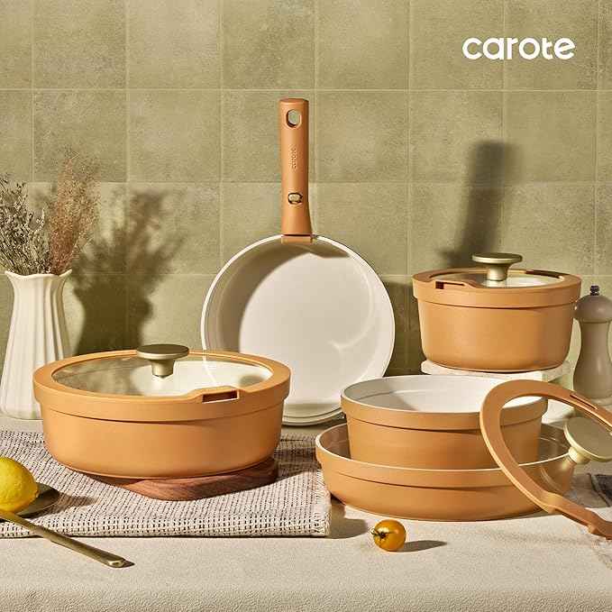 Carote 20pcs Ceramic Cookware Set with Detachable Handles, Pots and Pans Set Non Stick, RV Kitchen Cooking Pot and Pan, Dishwasher Safe, Non-toxic Induction Cookware PFAS and PFOA Free,Orange