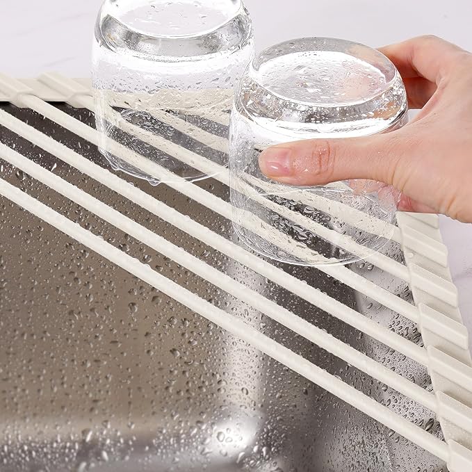 Tomorotec Compact Silicone-Coated Triangle Dish Drying Rack for Sink Corner - Foldable Stainless Steel Over-The-Sink Organizer and Storage Shelf(Cream Color)