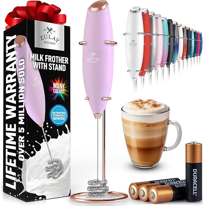 Zulay Kitchen Patented Tornado Triple Whisk Milk Frother with 4 Duracell Batteries – Handheld Foam Maker for Coffee, Lattes, Matcha & Hot Chocolate – Rich, Creamy Froth in Seconds - Rose Gold