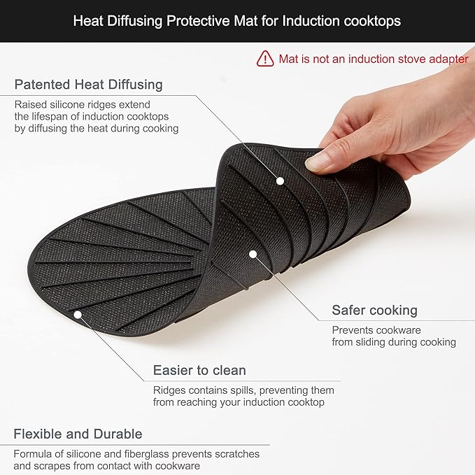 Lazy K Induction Cooktop Mat - Silicone Fiberglass Scratch Protector - for Magnetic Stove - Non Slip Pads to Prevent Pots from Sliding During Cooking_ Black (7.8inches)