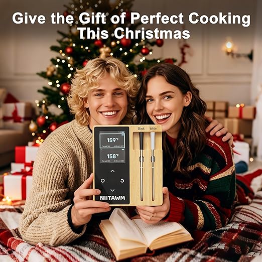 Niitawm Bamboo Dual Probe Wireless Meat Thermometer, Bluetooth Meat Thermometer Digital Wireless App, Long Range Temp Air Fryer Thermometer, Oven Thermometer, Food Grilling Accessories, Cooking Gifts
