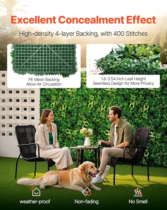 VEVOR Artificial Grass Wall Panels, 12 PCS 20 x 20 inch, 3D Combination Greenery Boxwood Panel for Indoor Outdoor Green Decor & Ivy Fence Covering, Privacy Backdrop Wall Hedge Screen for Garden