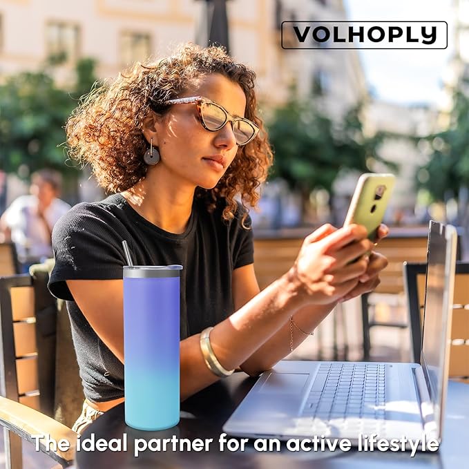 Volhoply 4 Pack Skinny Tumblers with Lid and Straw, 20oz Stainless Steel Straight Tumbler Bulk, Vacuum Insulated Coffee Mug for Home, Office, Travel, DIY (Purple Bule,4 Pack)
