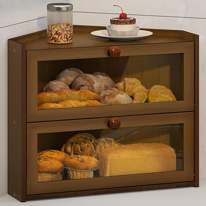 JANSNIMEN Corner Bread Box for Kitchen Countertop, Large Bread Container Storage Bamboo Wooden Farmhouse Bread Box with Window Bread Holder (Brown)