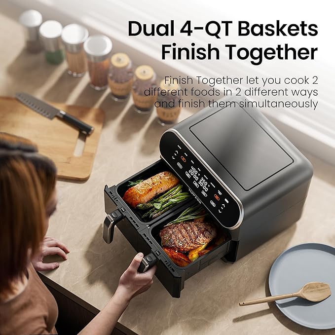 Topzee Dual Basket Air Fryer 8QT – Family Size Air Fryer with Dual Independent Zones, 8 Cooking Presets, Simultaneous Finish Mode, Viewing Windows, 90–400°F, Low-Oil Cooking, Black
