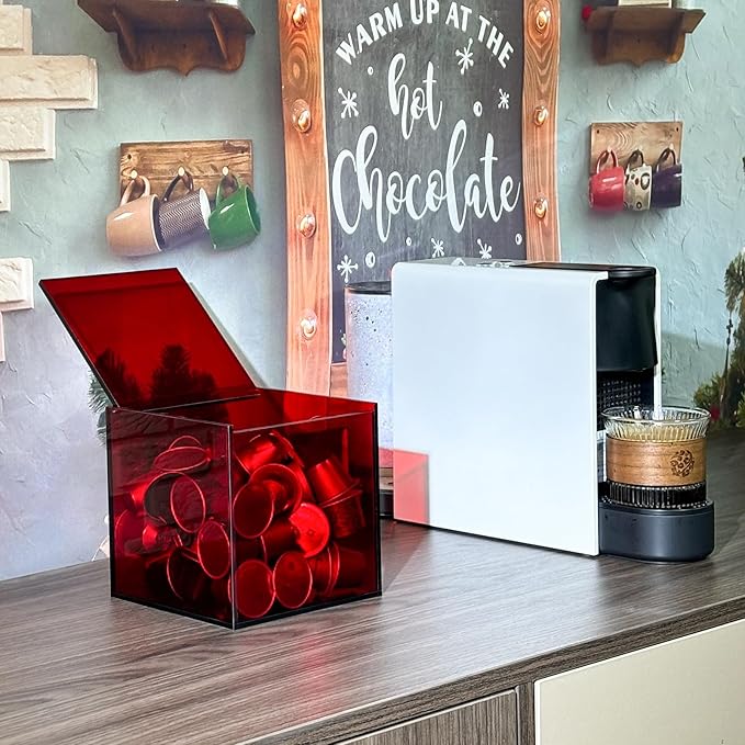 Coffee Capsule Storage Box Coffee Pod Holder Organizers Accessories Anti Dust Durable Clear Acrylic Box for House and Office Use, Red, 5x5 In