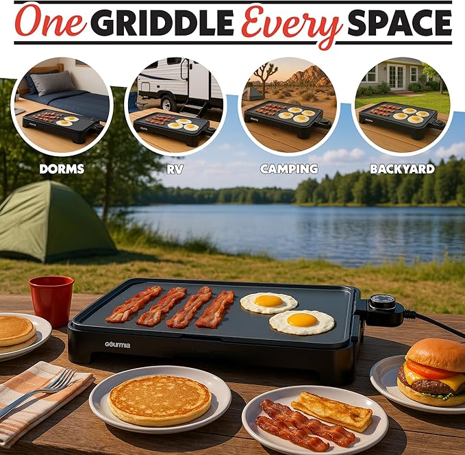 Gourmia 22 Inch XL Electric Griddle Pan - Nonstick Extra Large Flat Top Ceramic Surface, Countertop Cooker, Adjustable 200°F–400°F, Pull-Out Drip Tray, Compact Handle-Free Design