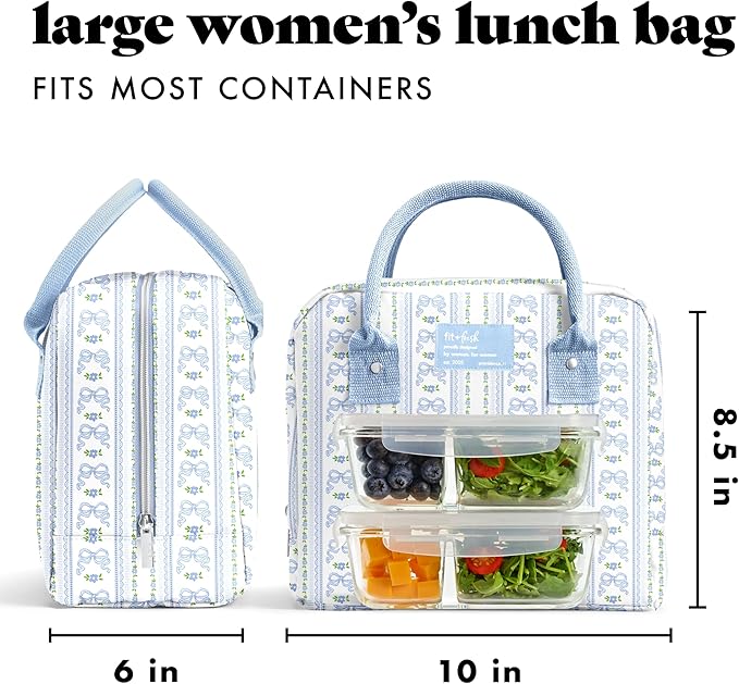 Fit & Fresh Bloomington Lunch Bag for Women - Insulated Large Lunch Box for Work with Containers, Leak-Resistant, Stain-Resistant, Zipper Closure, Blue Wallpaper Bows