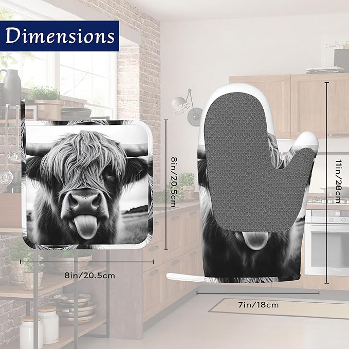 Oven Mitts and Pot Holders Sets Highland Cow Silicone Kitchen Mits Potholders Cute Highland Cattle Heat Resistant 4Pcs Oven Gloves Hot Pads for Baking Cooking BBQ Grilling Home Decor