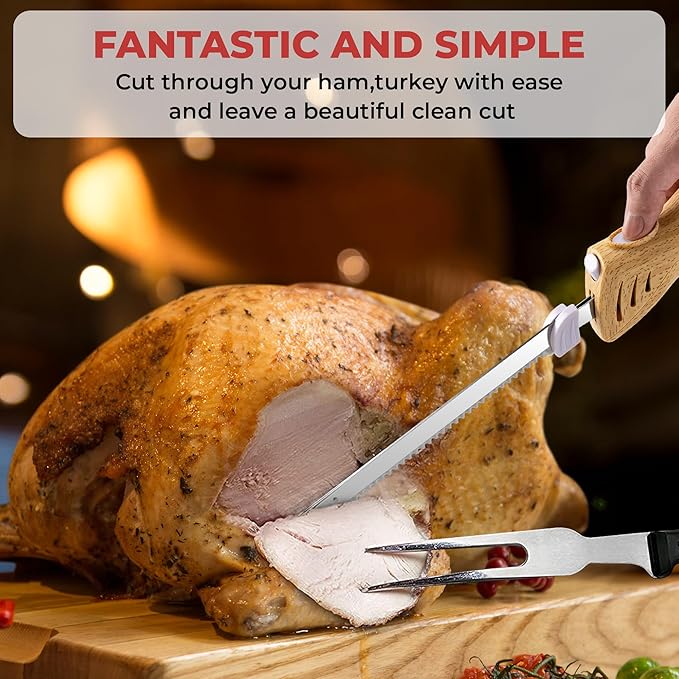 Prikoi Electric Knife - Carving Knife Set, Easy-Slice Serrated Edge Blades for Meat, Bread, Turkey, Ribs, Fillet, DIY, Ergonomic Handle + 2 Blades for Raw & Cooked Food New Upgrade(Faux Wood)