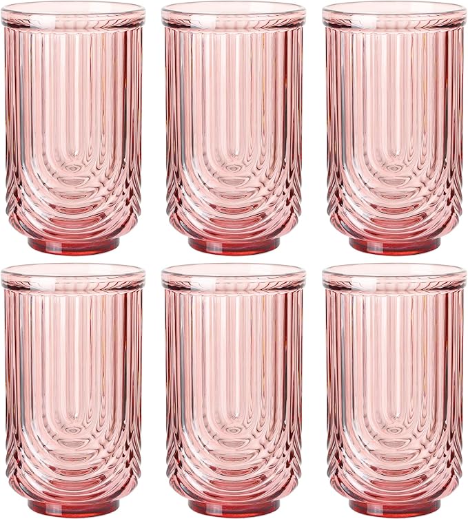 JOVGANK Pink Vintage Glassware Set of 6-17Oz Pink Water Drinking Glass, Art Deco Ripple Highball Glass, Whiskey Cocktail Glasses, for Bar Ice Coffee Juice, Housewarming Gifts and Mother's Day Gift
