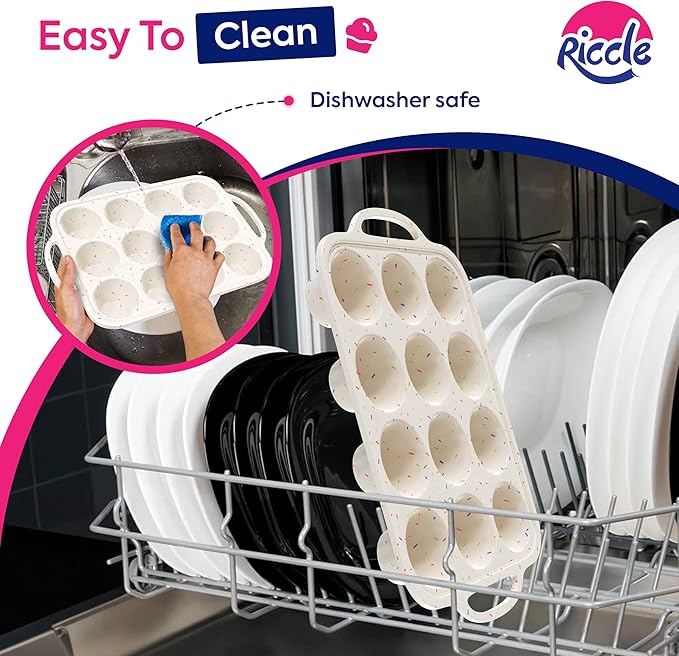 RICCLE Silicone Muffin Pans for Baking with Metal Reinforced Frame, 12-Cup Cupcake Pan, 2 Pcs Muffin Trays for Cupcake Baking, Tray Molds, Oven & Dishwasher Safe, BPA-Free (2 x Regular)