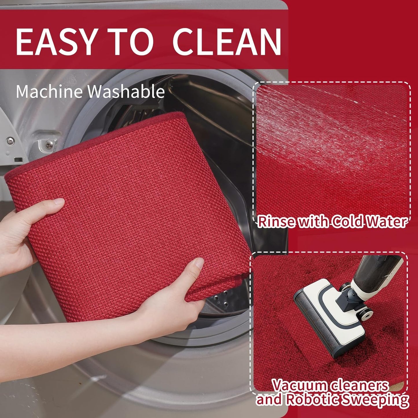 Kitchen Mats for Floor, Super Absorbent Kitchen Rugs Non Slip Washable, Soft Imitation Linen Braided Kitchen Runner Rug, Standing Mat Kitchens Sink Mat, Easy to Clean, Red 17x95