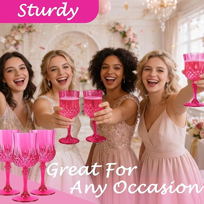 Plastic Wine Glasses, Plastic Goblets Vintage Style Cordial Unbreakable Drinking Glasses, Reusable Drinkware for Wedding Reception, Grand Event Party Supplies, Mother's Day (12, Hot Pink)