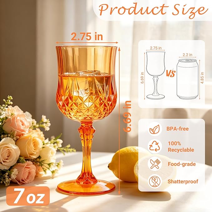 Plastic Wine Glasses, Plastic Goblets Vintage Style Cordial Unbreakable Drinking Glasses, Reusable Drinkware for Wedding Reception, Grand Event Party Supplies (48, Pumpkin orange)