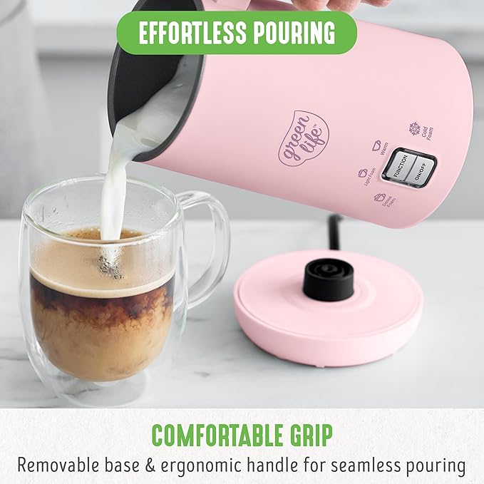 GreenLife Ceramic Electric Milk Frother, 10oz, 4-in-1, Auto Hot and Cold Foam, Dense and Light Foam, PFAS Free, Cordless Milk Warmer and Steamer for Latte, Coffee, Pink