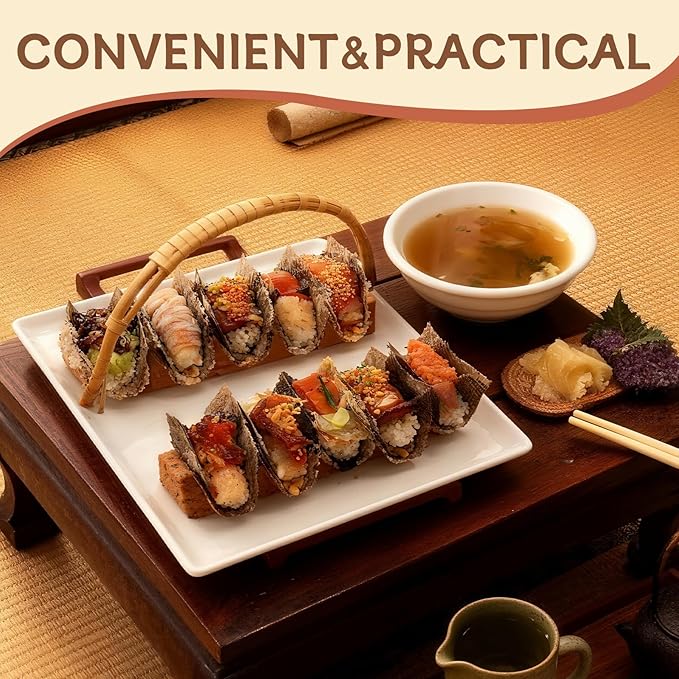 Wooden Taco Holder Stand for Sushi Hand Roll, Temaki & Sushi Roll – 1/2/3/5 Slot Sushi Display Tray, Natural Wood Serving Platter (10 pcs per Pack) (2 Slots (10 pcs))